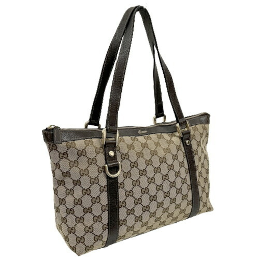 Gucci Tote Bag Shoulder Handbag Abbey GG Canvas Brown Beige Leather Cowhide